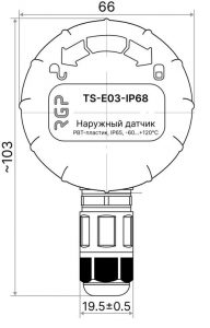 Датчик температуры TS-E03-IP68 в корпусе из термостойкого пластика PBT с сенсором в гильзе и коннектором PA66, показаны габаритные размеры и технические характеристики, степень защиты IP68, диапазон работы –60…+120 °C