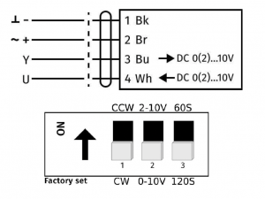Схема подключения электропривода AMB-162R 24 В с сигналом 0–10 В (2–10 В) и расположением DIP-переключателей для настройки направления вращения, диапазона сигнала и скорости поворота