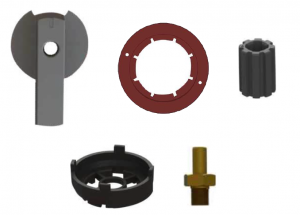 Комплект электропривода AMB-162R: рукоятка для ручного управления, индикаторное кольцо, адаптеры RMV HRB-3R FMV131, переходник для штока клапана и винт для установки на клапаны Euromix