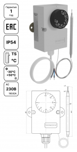 Капиллярный термостат TS-K1.5 с переключающим контактом SPDT, диапазон регулирования 0…+60 °C и –35…+35 °C, настенный монтаж, степень защиты IP54